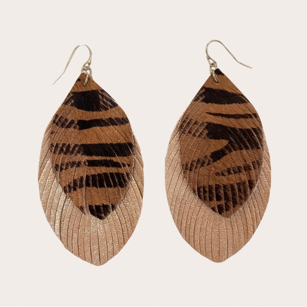 Layered Faux Leather Leaf Earrings | Animal Print & Metallic Boho Dangle